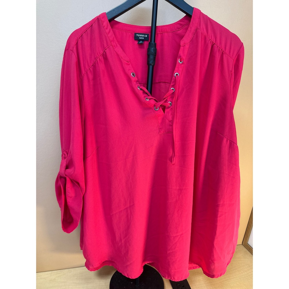 Torrid Harper Pink Lace Up Pullover Blouse Roll Tab Sleeve Plus Size 3 3X